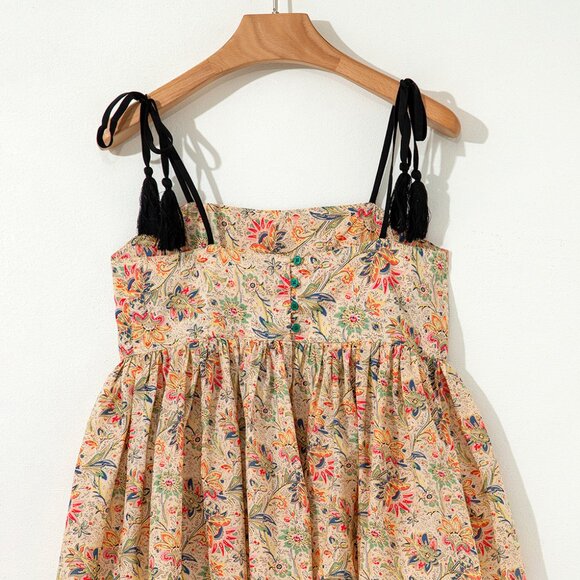 B263 Apricot Floral Print Spaghetti Straps Ruffled Peplum Tank Top - Picture 7 of 13